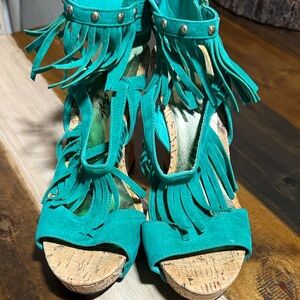 Herstyle Green Fringe Wedge   
Sandals